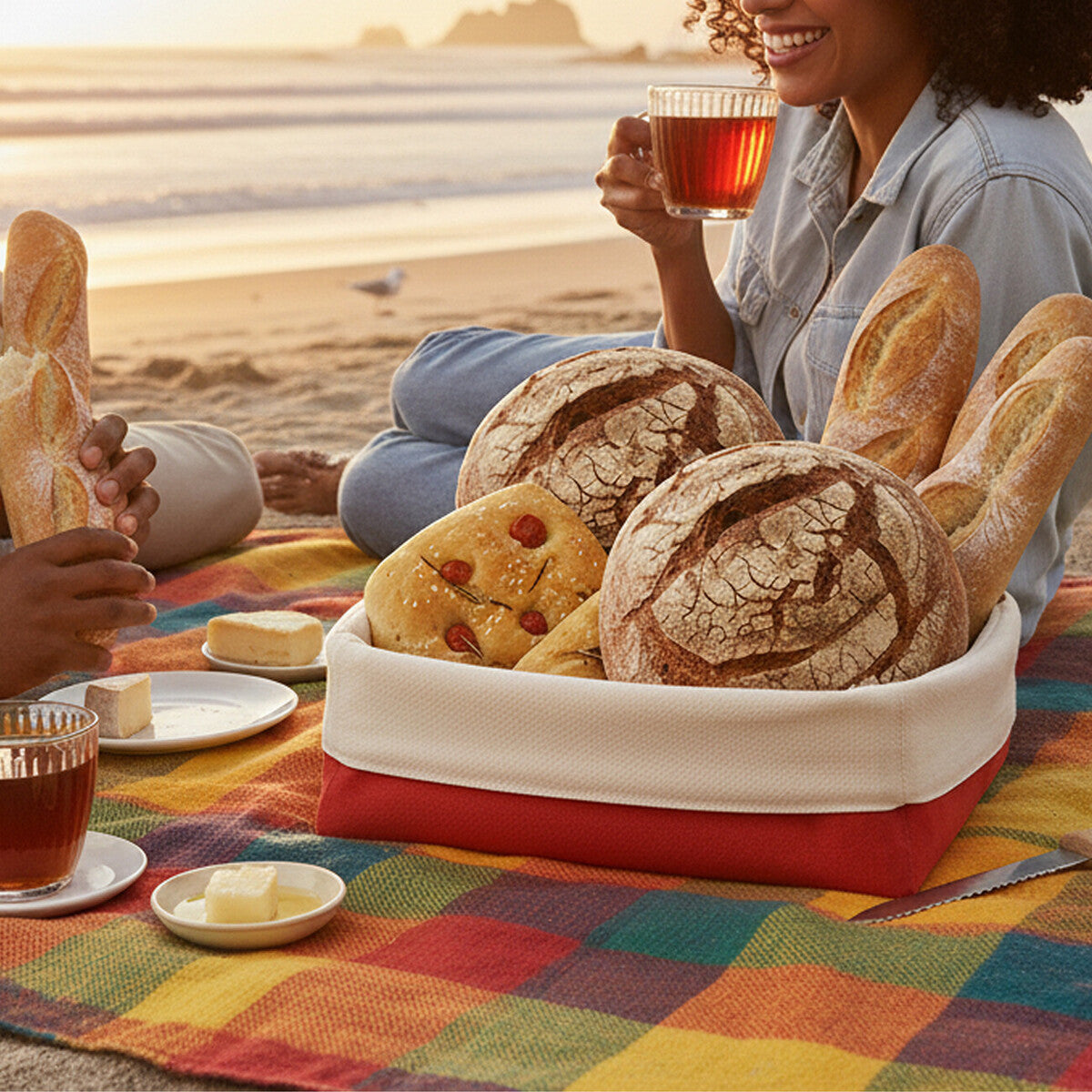 Large Bread Basket - Red and Cream