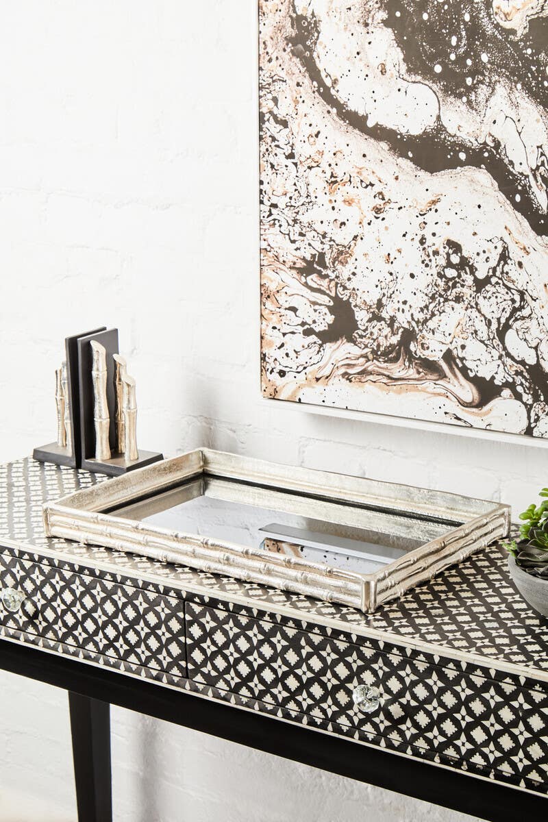 Hiba Silver Finish Bamboo Effect Mirrored Tray