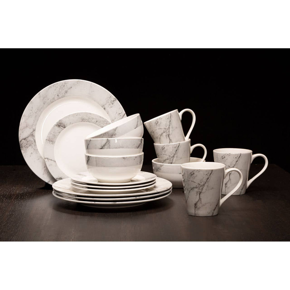 Avie 16 Piece White And Grey Marble Effect Dinner Set