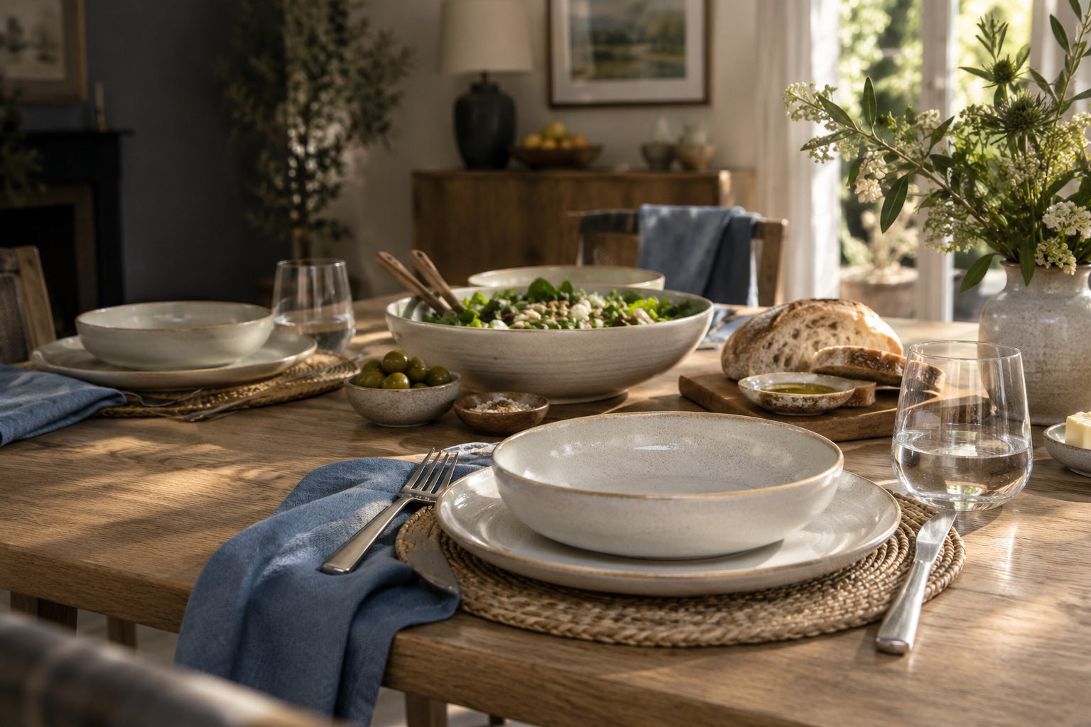 Ivory dinnerware and blue linen on a naturally lit dining table