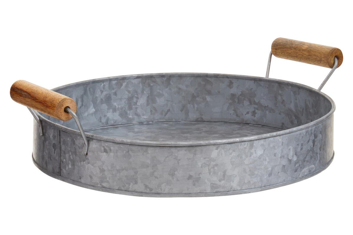 Drummond Round Galvanised Steel Tray With Wood Handles