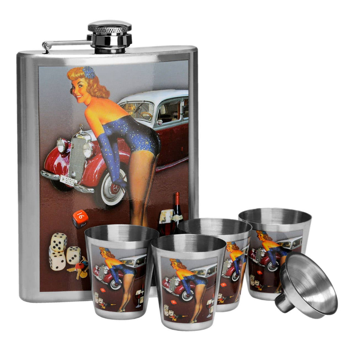 Pinup Hip 8Oz 4 Cups Flask Set