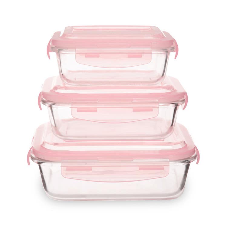 Freska Set Of 3 Rectangular Glass Containers with Pink Lids