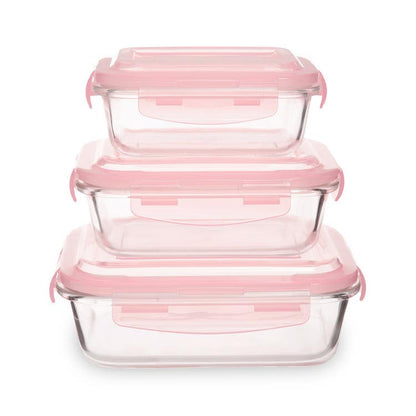 Freska Set Of 3 Rectangular Glass Containers with Pink Lids