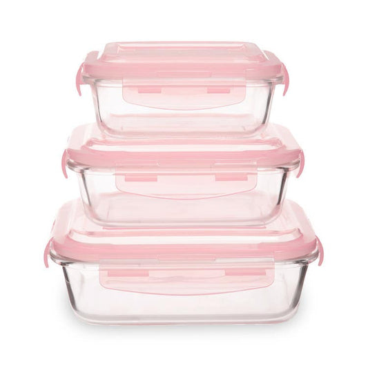 Freska Set Of 3 Rectangular Glass Containers with Pink Lids