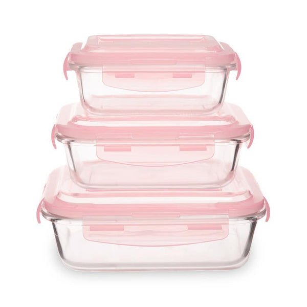 Freska Set Of 3 Rectangular Glass Containers with Pink Lids