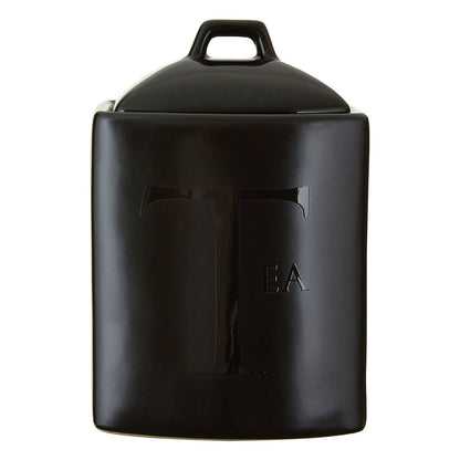Black Text Stoneware Tea Canister