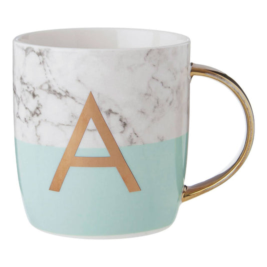 Frosted Deco Marble Effect and Pastel Green Monogram Mug, A