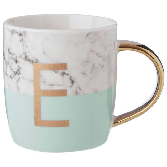 Frosted Deco Marble Effect and Pastel Green Monogram Mug, E