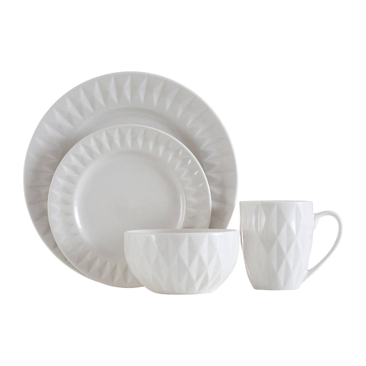 Avie 16 Piece White Embossed Dinner Set.