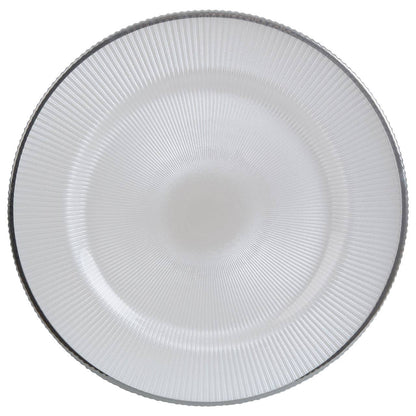 Ida White Embossed Glass Charger Plate with Silver Rim