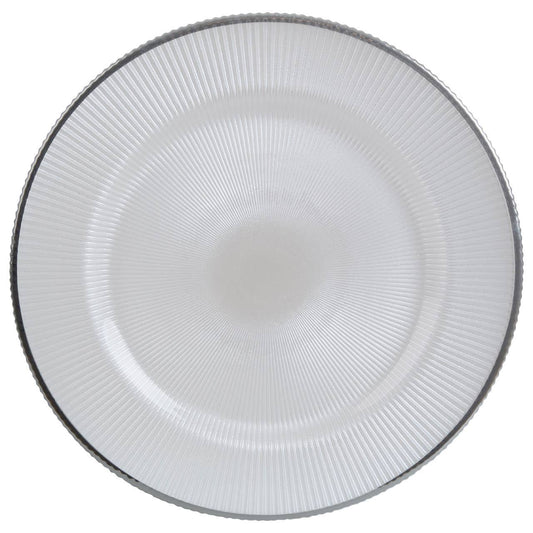 Ida White Embossed Glass Charger Plate with Silver Rim