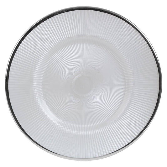Ida White Embossed Glass Dinner Plate with Silver Rim