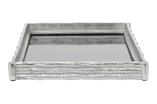 Hiba Silver Finish Bamboo Effect Mirrored Tray