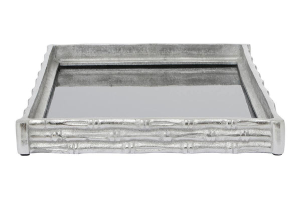 Hiba Silver Finish Bamboo Effect Mirrored Tray