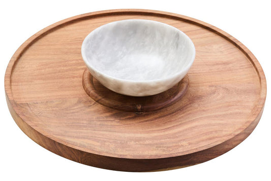 Kora Acacia Wood And White Marble Chip And Dip Platter