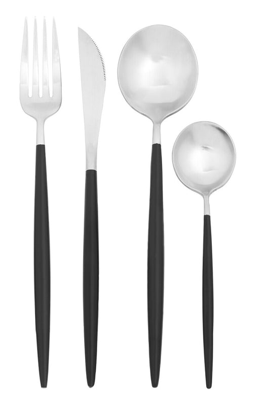 Avie 16 Piece Matte  Silver and Black Cutlery Set