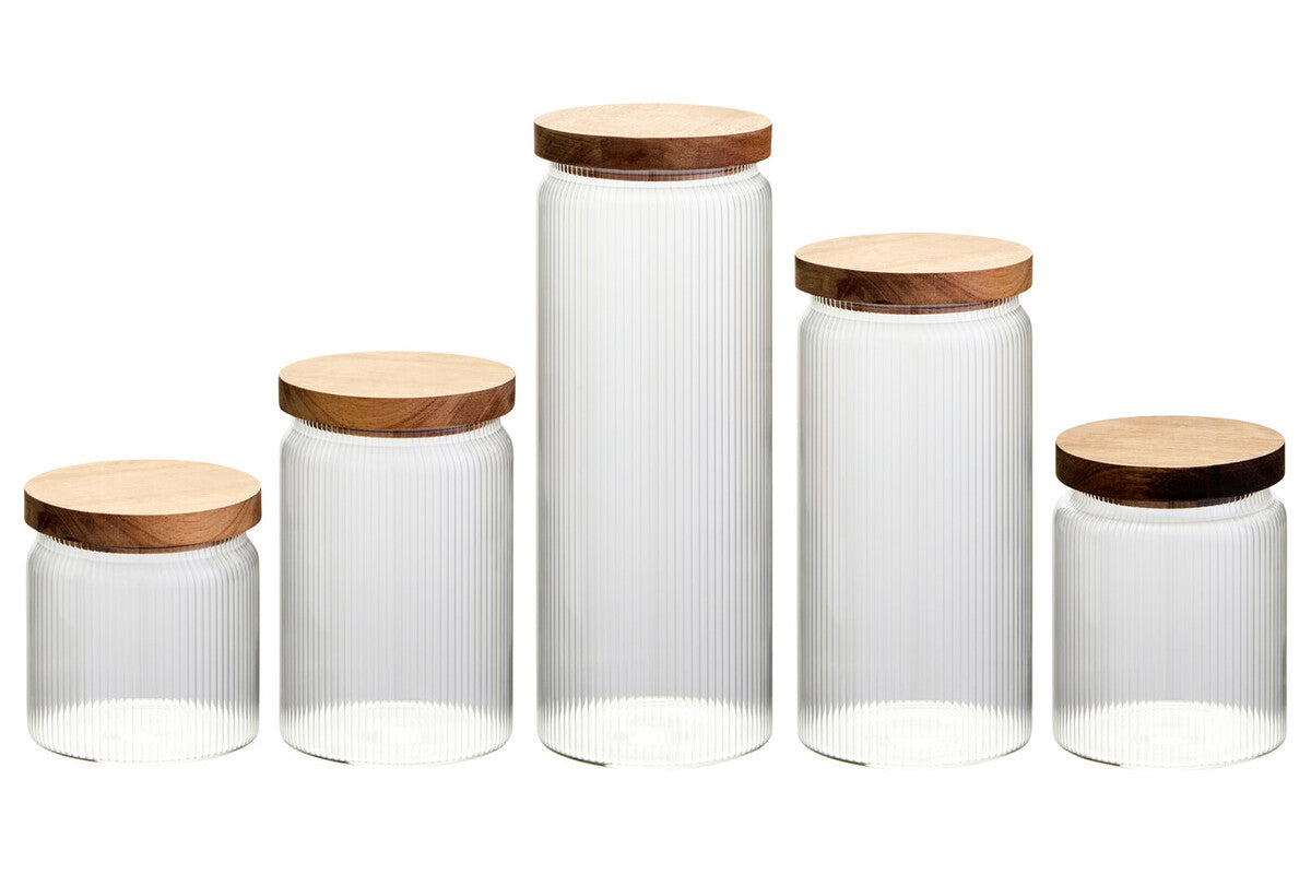 Freska Set of Five Ribbed Round Glass Jars with Acacia Wood Lids