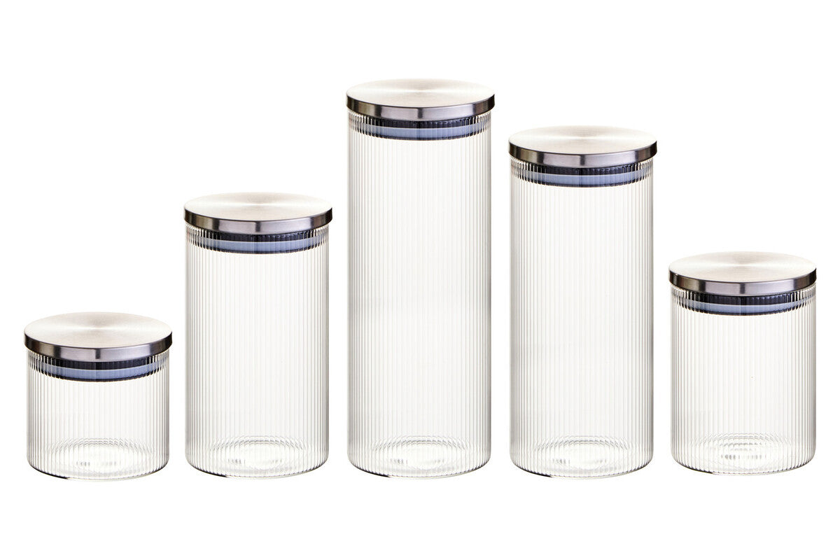 Freska Set of Five Ribbed Round Glass Jars with Silver Lids