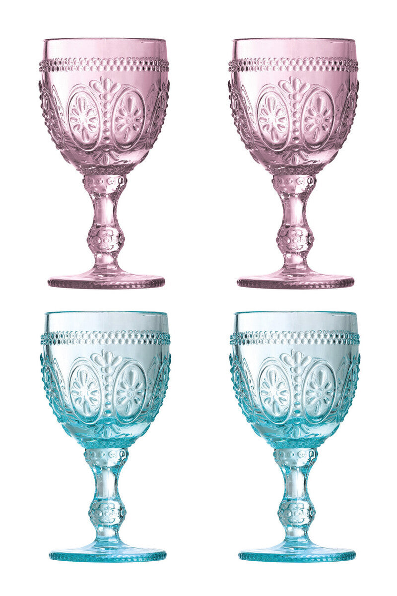 Fleur Set of 4  Pink And Blue Wine Glasses