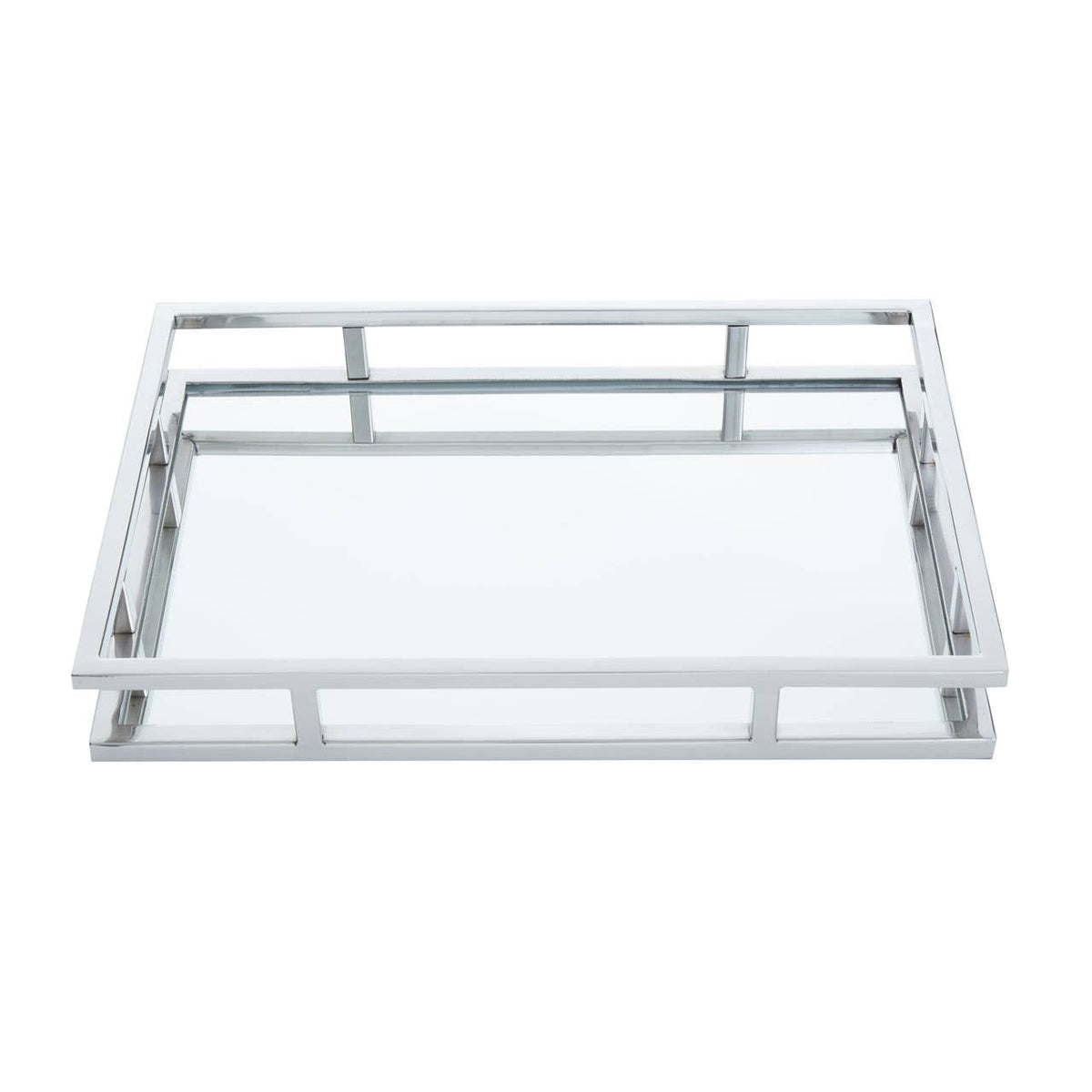 Cruzar Silver Finish and Mirrored Rectangular Tray