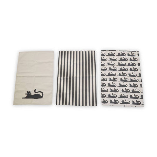 Set Of Three Black Cat Tea Towels