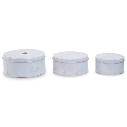 Set Of Three White Marble Effect Storage Tins