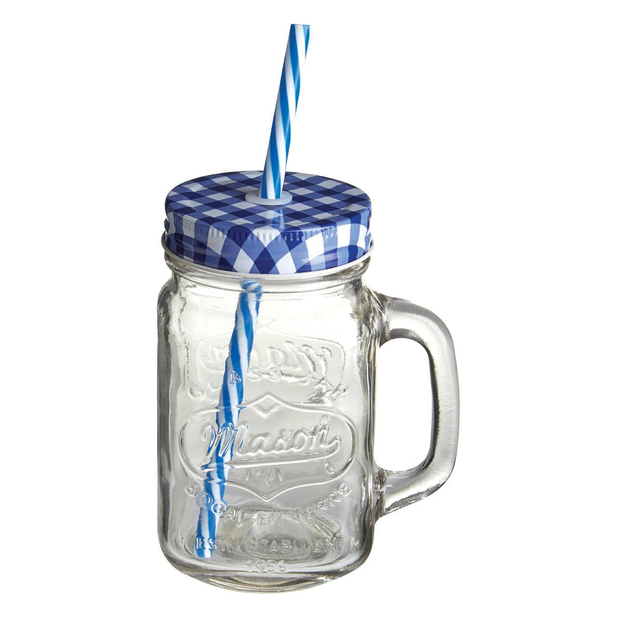 Bocal Embossed Mason Square Jar Mug With Blue Gingham Lid