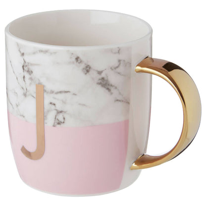 Frosted Deco Marble Effect and Pink Monogram Mug, J