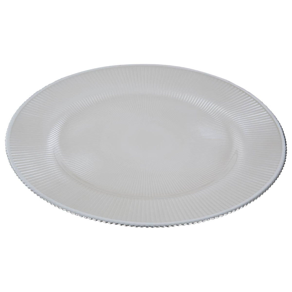 Ida White Embossed Glass Charger Plate with Silver Rim
