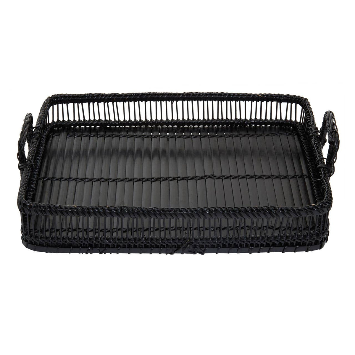 Ezell Black Rattan And Bamboo Rectangular Tray