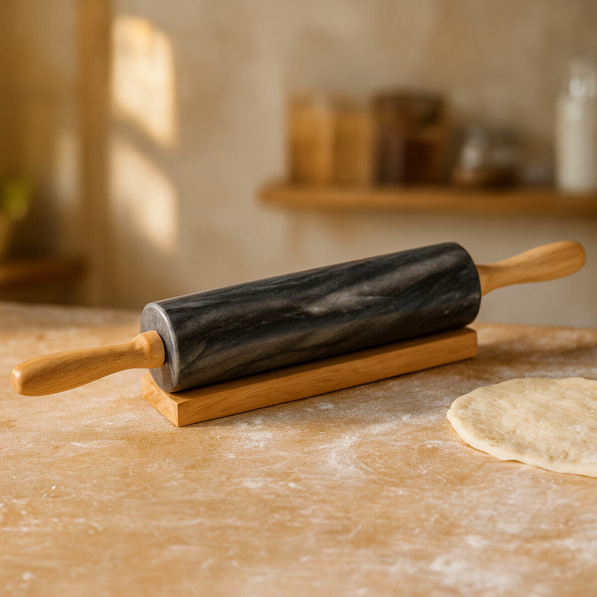 Marmore Black Marble Rolling Pin With Wooden Handles