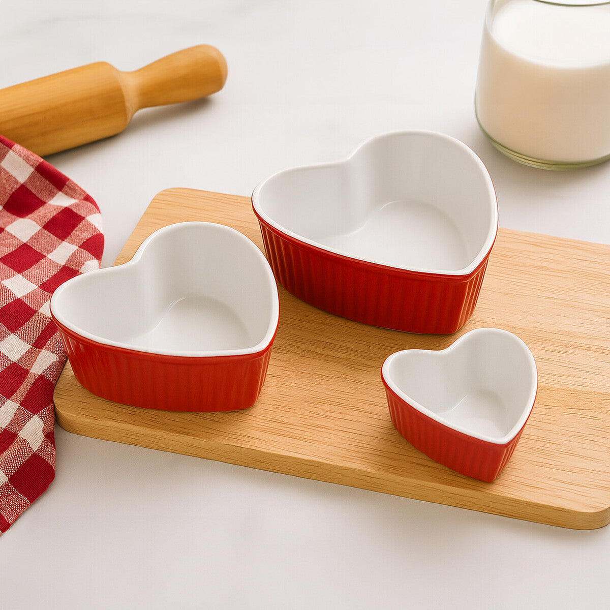 Amour Set of 3 Heart Shape Oven Dishes - Red