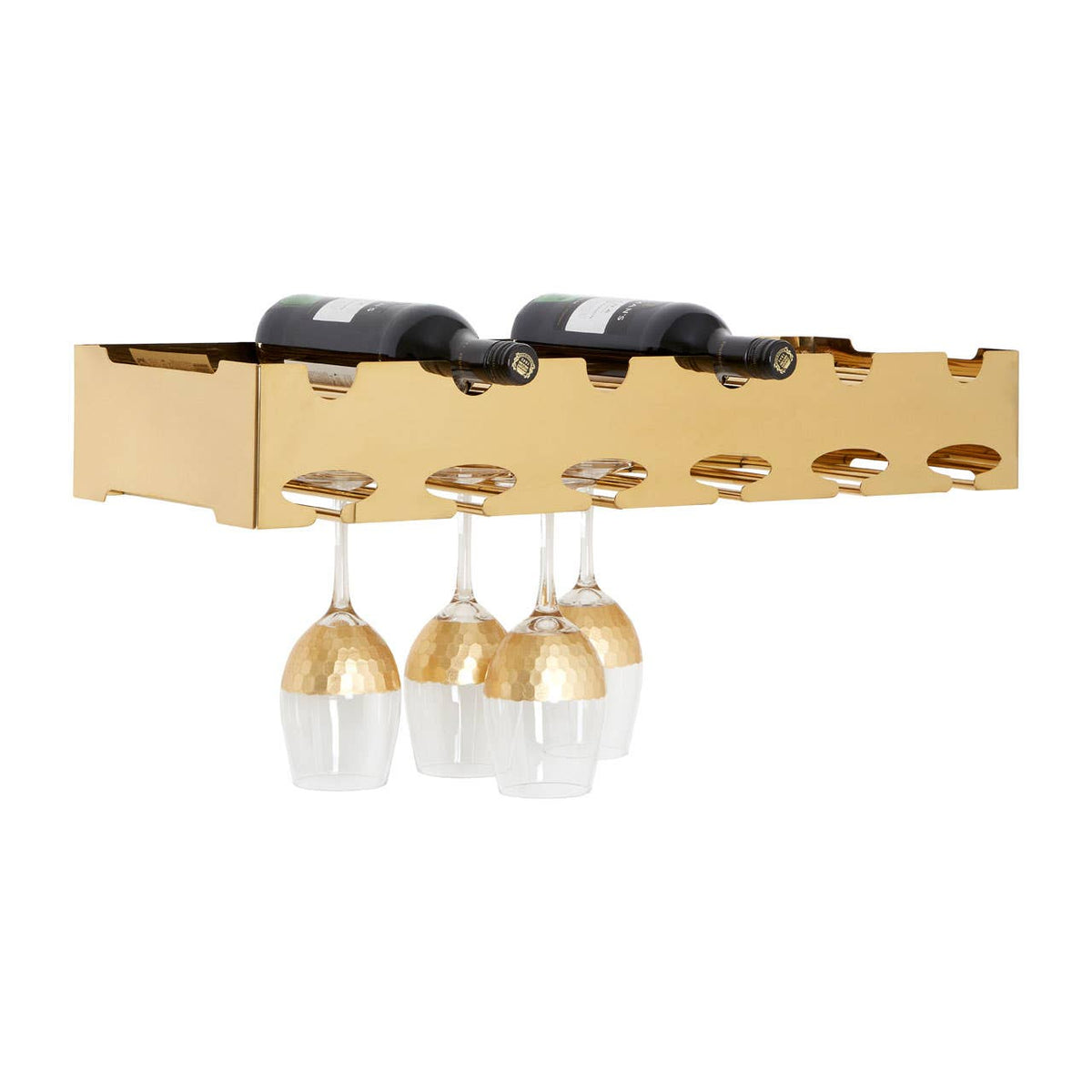 Novo Gold Wall Mounted 6 Bottle Wine Rack with Stemware Holder