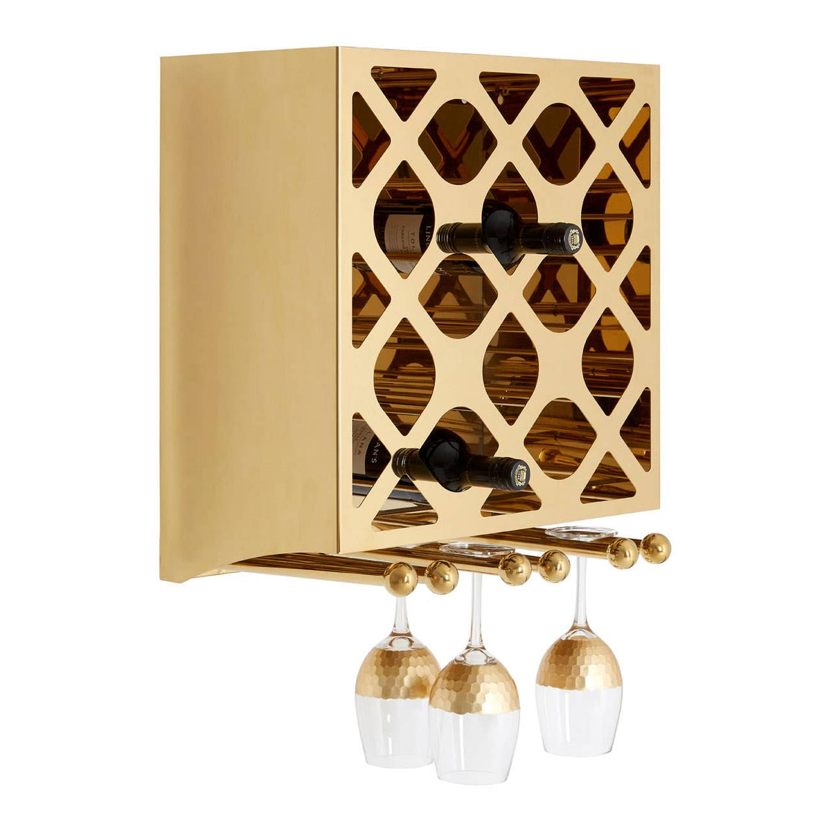 Novo Gold Wall Mounted 12 Bottle Wine Rack with Stemware Holder