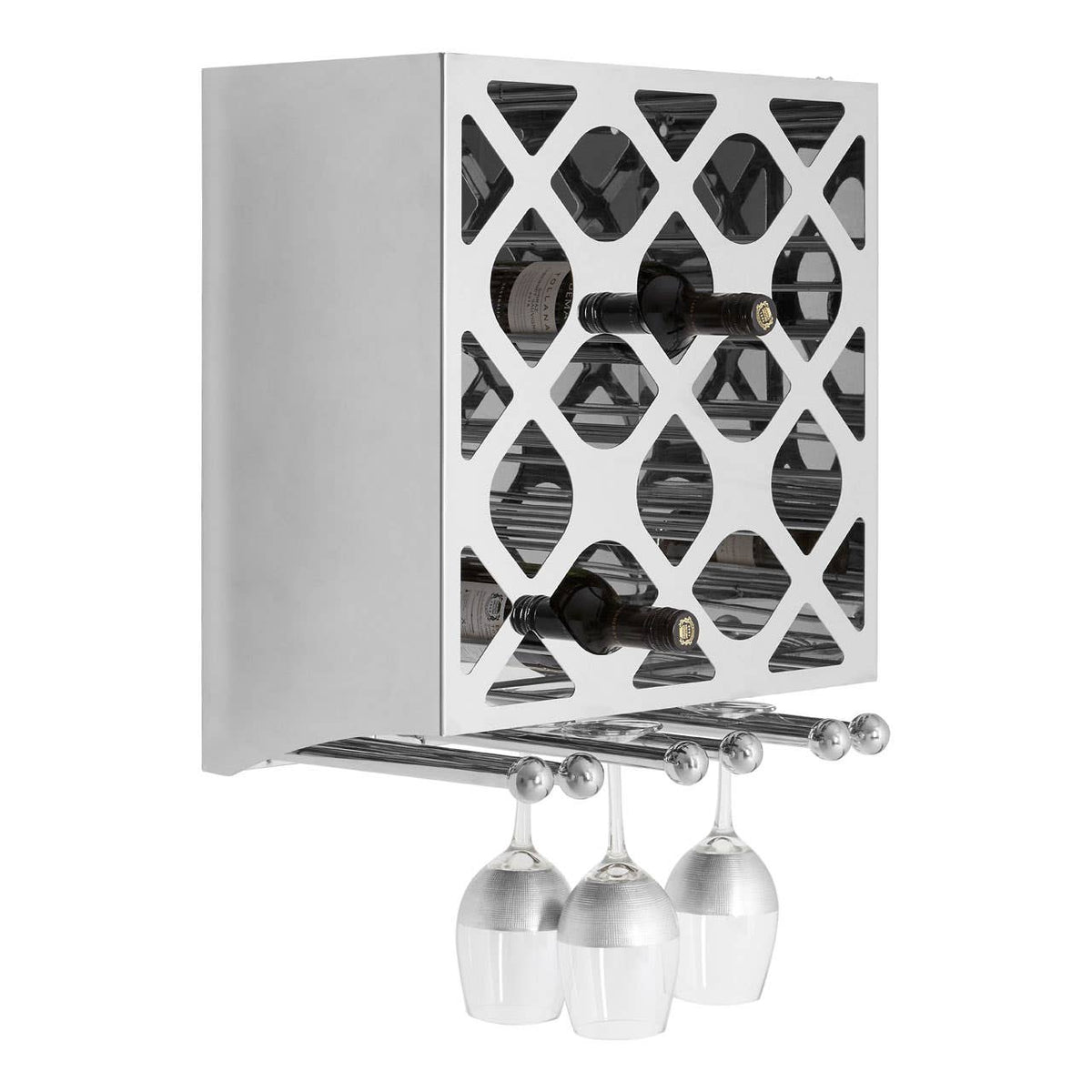 Novo Silver Wall Mounted 12 Bottle Wine Rack with Stemware Holder
