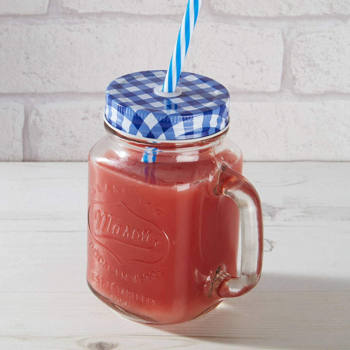 Bocal Embossed Mason Square Jar Mug With Blue Gingham Lid