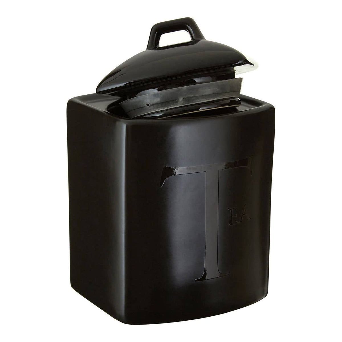 Black Text Stoneware Tea Canister