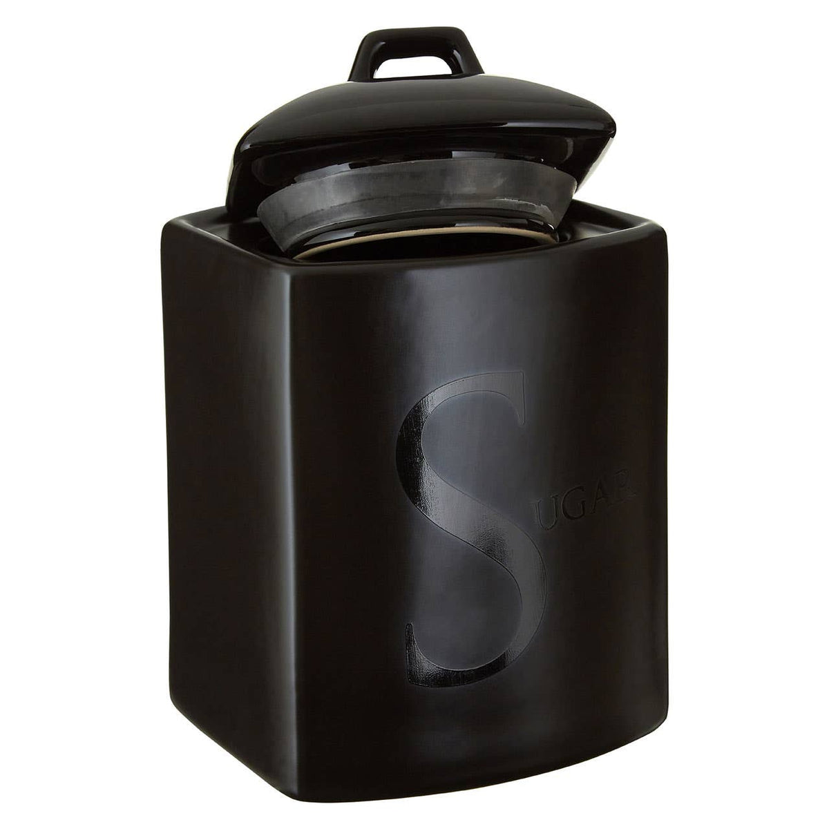Black Text Stoneware Sugar Canister