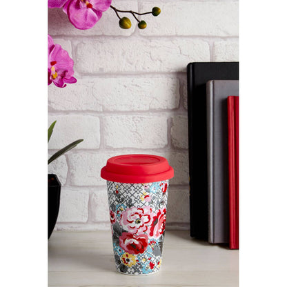 Taza Floral Ceramic Reusable Mug with Silicone Lid