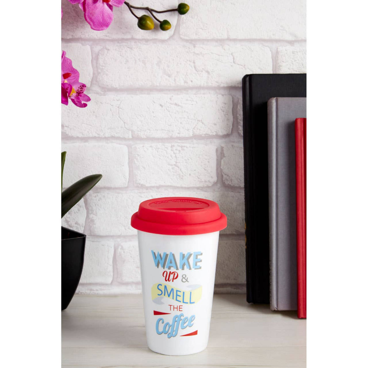 Taza Wake Up Ceramic Reusable Mug with Silicone Lid