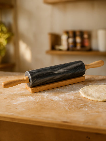 Marmore Black Marble Rolling Pin With Wooden Handles