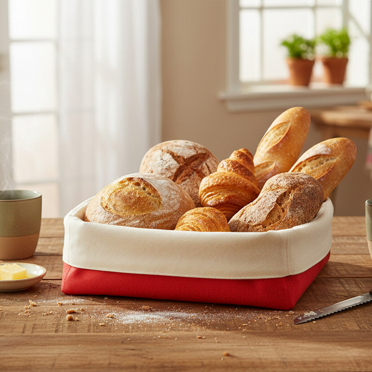 Large Bread Basket - Red and Cream