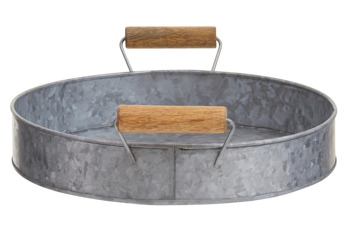 Drummond Galvanised Steel Round Tray With Wood Handles