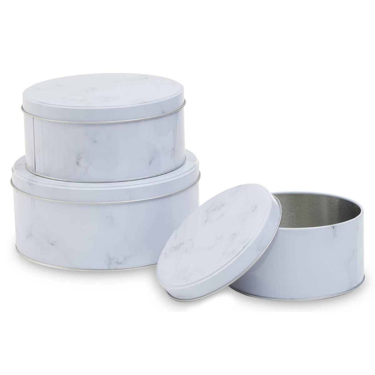 Set Of Three White Marble Effect Storage Tins