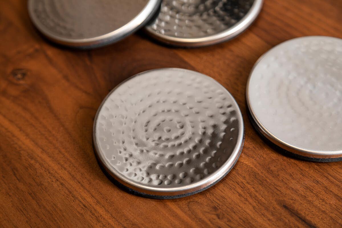 Mixology Set of Four Hammered Effect Stainless Steel Coasters