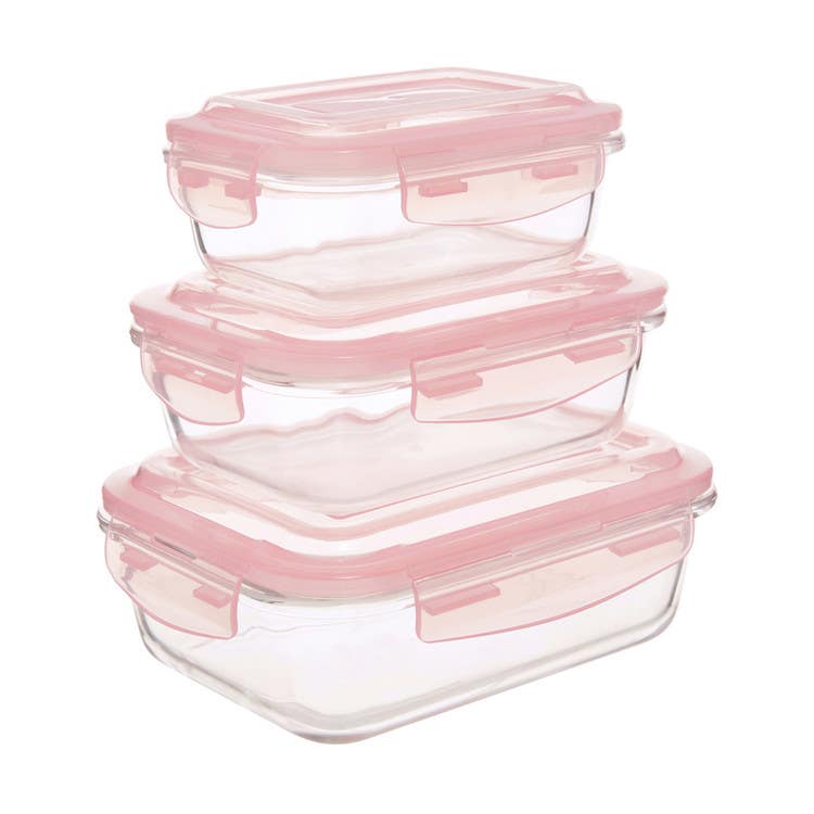Freska Set Of 3 Rectangular Glass Containers with Pink Lids