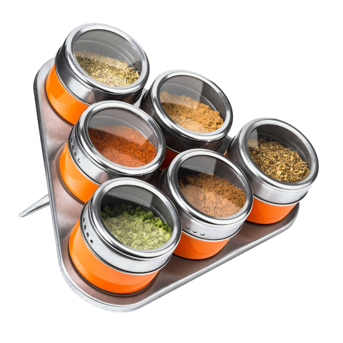 Orange Magnetic Spice Jars With Triangular Tray