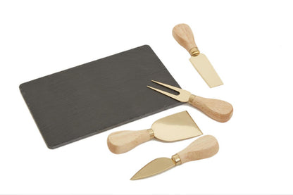 Carter Slate Board and 4 Piece Cheese Knife Set in Gold Finish