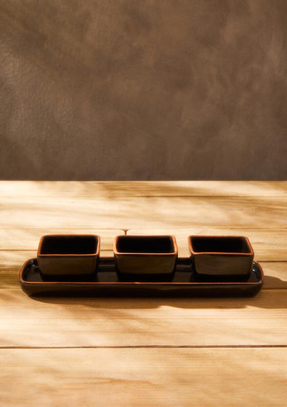 Calisto Terracotta Set of 3 Dip Bowls with Tray in Black